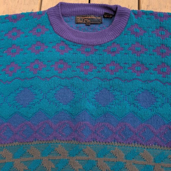 Vintage 90s Intermission Aztec Geometric Knit Sweater - Teal Purple Blue XL - Picture 2 of 8